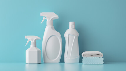 Assorted cleaning products on blue background
