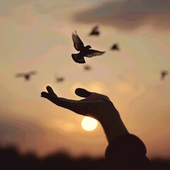 A hand releasing a bird into the sky at sunset.