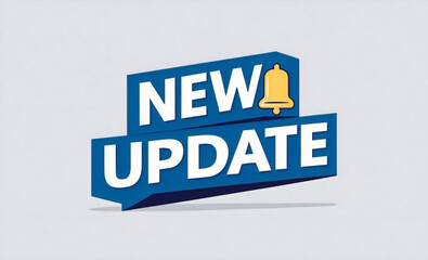 A blue and white logo with the words "new update" on a grey background, featuring a yellow bell icon and a banner cloud , Speech Bubble, Label, Sticker, Ribbon Template ,Stock Illustration concept