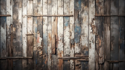Antique distressed wooden planks made of painted old driftwood as a wall background texture. Generative AI