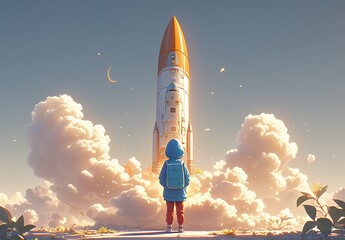 A little boy in blue hoodie and red pants with backpack stands on the ground, looking up at an astronaut rocket taking off into space surrounded by clouds of smoke. 