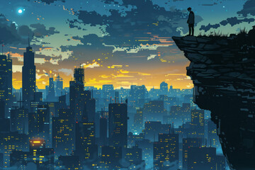 Man standing on a cliff overlooking a vibrant cityscape at dusk