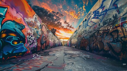 Vibrant Sunset Sky Double Exposure with Urban Graffiti