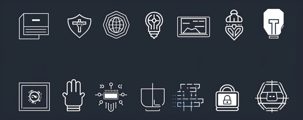 A set of thin line icons. Included icons are: document, shield, globe, light bulb, video, heart, brain, hand, safe, lock, and target.