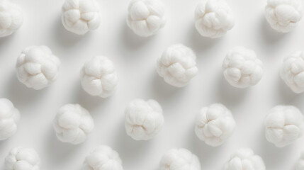 Collage of soft cotton balls on white background top view