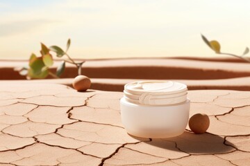 A white jar of moisturizing cream presented in a cracked desert landscape at sunset. Moisturizing Cream Jar in Desert Environment - Powered by Adobe