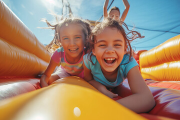 Happy group of kids on the inflatable bounce house on sunny summer day - obrazy, fototapety, plakaty