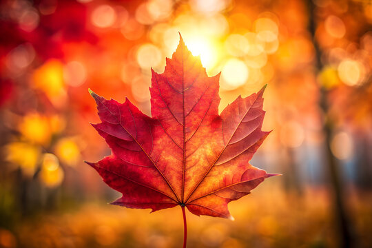 Red leaf with a blurry background. Autumn background.