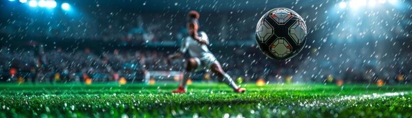 A professional soccer player about to kicking the ball during a match - obrazy, fototapety, plakaty