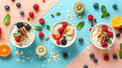 Collage of tasty vanilla pudding with fruits and nuts