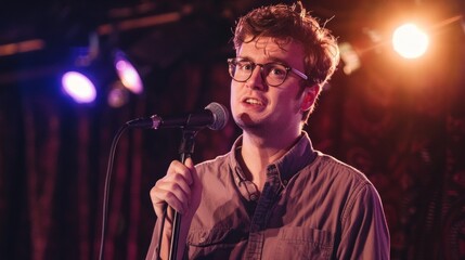 Young Caucasian male comedian performing his stand-up monologue on a stage of a small venue