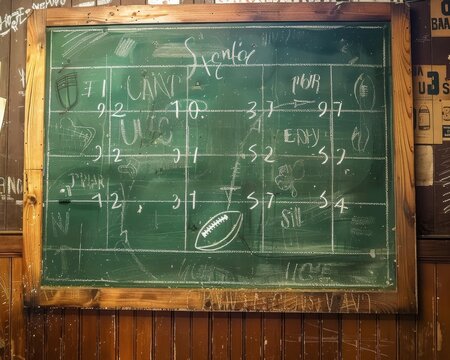 A chalkboard with a football schedule written on it.