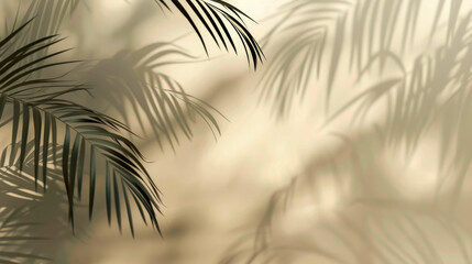 Obraz premium Tropical Palm Leaves Casting Beautiful Shadows on Beige Wall with Copy Space for Text Placement. Blurred shadow from palm leaves on light cream wall. Minimalistic beautiful summer spring background.