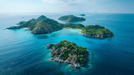 Fototapeta premium At sundown, a green island in the endless, serene turquoise sea.