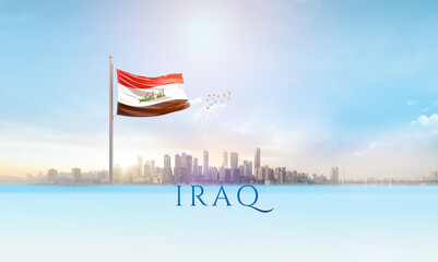 Iraq national flag waving in beautiful building skyline.