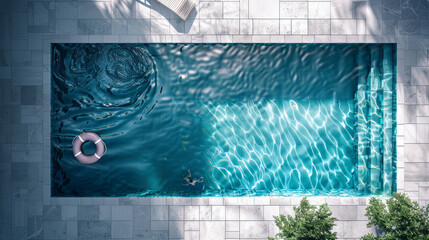 Aerial view of a serene rectangular swimming pool with float