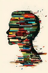 Vertical striking minimalistic art illustration featuring human silhouette, composed of a vast library of books in vibrant colors on beige background.