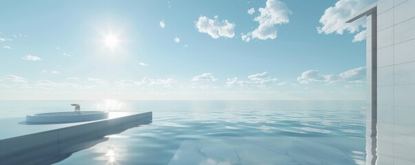 Elegance and luxury define this spacious bathroom overlooking an expansive ocean at dusk.copy space for text.