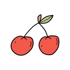 Hand drawn doodle cherry with leaf on white background.