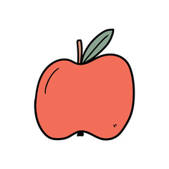Hand drawn doodle red apple with leaf on white background.
