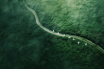 Aerial view of a winding road with birds flying over lush greenery
