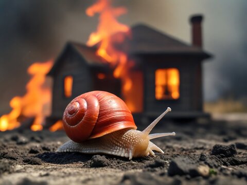 A lonely snail on background of a burning house