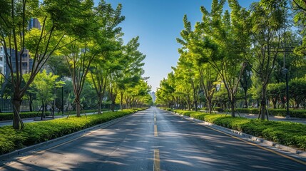 Fototapeta premium Long and empty tree lined road on a sunny day