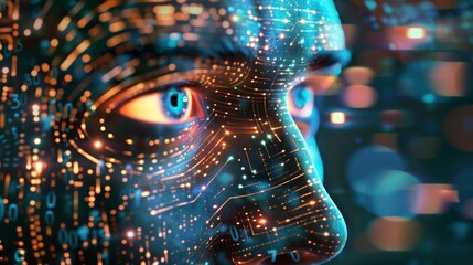 AI human face, artificial intelligence digital concept.
