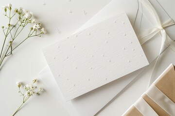 White textured paper invitation card mockup with envelope and baby's breath flowers on white background. - obrazy, fototapety, plakaty