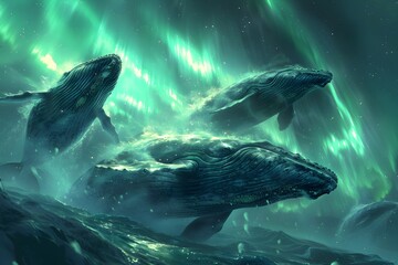 Ethereal Whale Under an Aurora-Lit Sky,Whales Synchronized in a Mesmerizing Underwater Dance in a Digital Painting