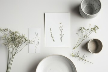 A still life of a plate, bowls, and a vase of flowers on a white table. - obrazy, fototapety, plakaty