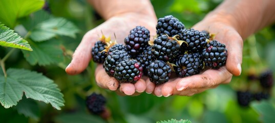 Hand holding ripe blackberries on blurred background, ideal assortment with copy space - Powered by Adobe