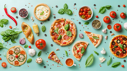 Collage with delicious pizzas and ingredients on color