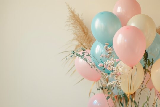 A beautiful bouquet of pastel-colored balloons and dried flowers.