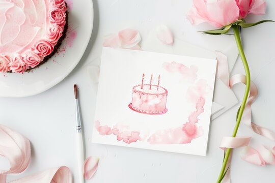 Pink watercolor birthday card with a painted pink cake on a white background.