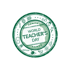 Emblem "World Teachers Day". Rubber stamp with grunge texture. Retro style stamp. Vector illustration for your design.