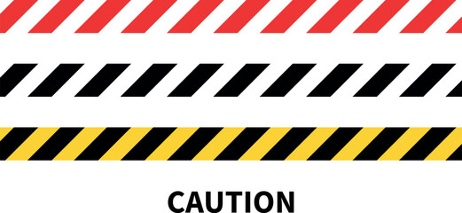 Warning tape with yellow, black and Red diagonal stripes. Warn stop seamless line. Yellow and black caution tape border. Long danger ribbon. Editable Vector illustration on white background.