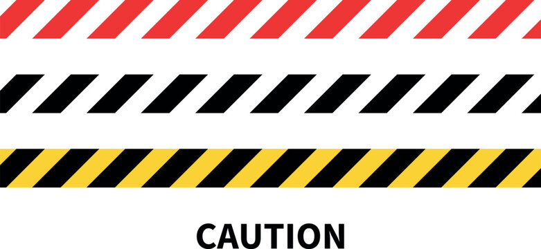 Warning tape with yellow, black and Red diagonal stripes. Warn stop seamless line. Yellow and black caution tape border. Long danger ribbon. Editable Vector illustration on white background.