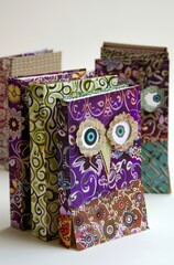 Beautifully patterned book covers are stacked and designed to depict faces with embellishments suggesting eyes and mouths, creating a whimsical aesthetic