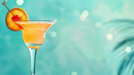 A closeup shot of a Martini glass filled with a cocktail that contains a cherry and orange slice, set against a blue background. - obrazy, fototapety, plakaty