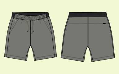 Front and Back Flat Sketch of Trendy Shorts Fashion Illustration.
