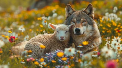 Wolf and lamb cuddling in a field of wildflowers at sunset
