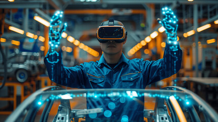 An engineer in a virtual reality headset meticulously adjusts a holographic car model in a technologically advanced workspace..