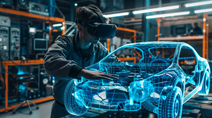 An engineer in a virtual reality headset meticulously adjusts a holographic car model in a technologically advanced workspace..