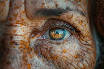 Macro shot illustrates the intricacy of a human eye adorned with artful paint splatters, metaphor for creativity and perception - obrazy, fototapety, plakaty