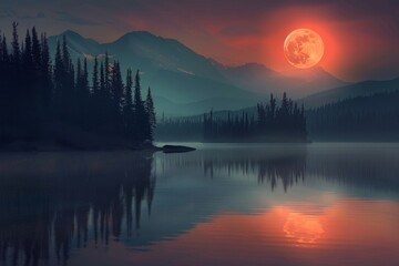 Majestic Full Moon Over Tranquil Mountain Lake at Twilight