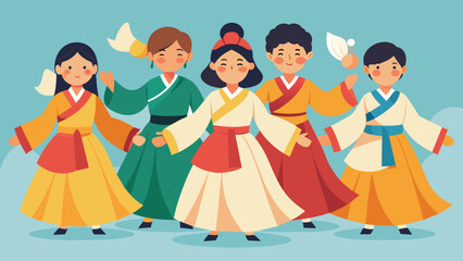 A group of classmates wearing ornately embroidered hanboks participating in a Korean traditional dance performance during Cultural Dress Day.