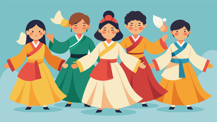 Obraz premium A group of classmates wearing ornately embroidered hanboks participating in a Korean traditional dance performance during Cultural Dress Day.