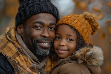 A smiling father and child wearing matching knit hats share a loving moment in an outdoor autumnal setting