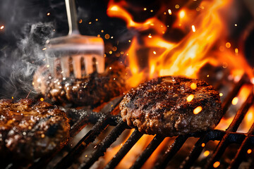 barbecue with burgers grilling over an open flame.